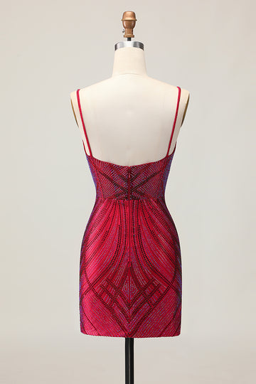 Sparkly Burgundy Bodycon Spaghetti Straps Short Homecoming Dress with Beading